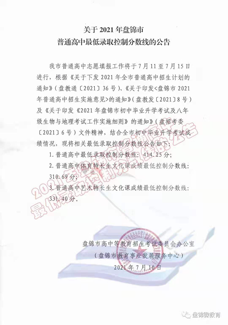 关于2021年盘锦市普通高中最低录取控制分数线的公告